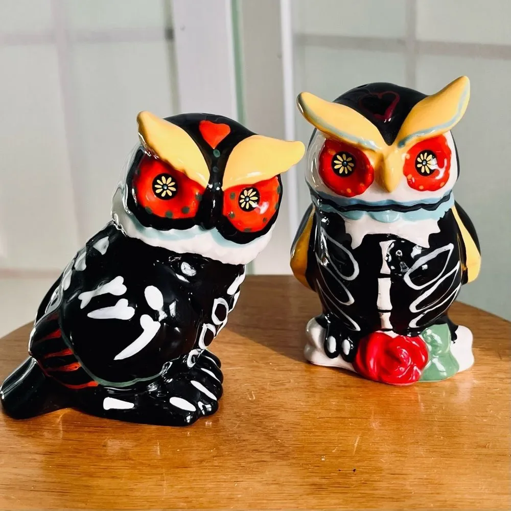 Sugar Skull Skeleton Owl Salt and Pepper Shakers Halloween Day of the Dead